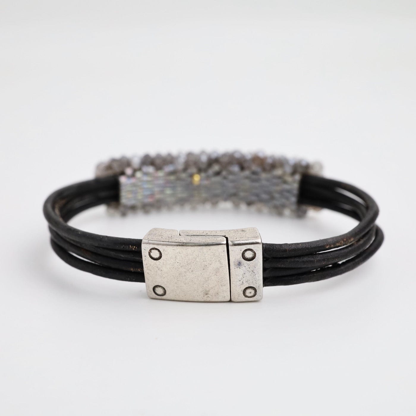 BRC-JM Hand Stitched Coated Grey Moonstone Leather Bracelet