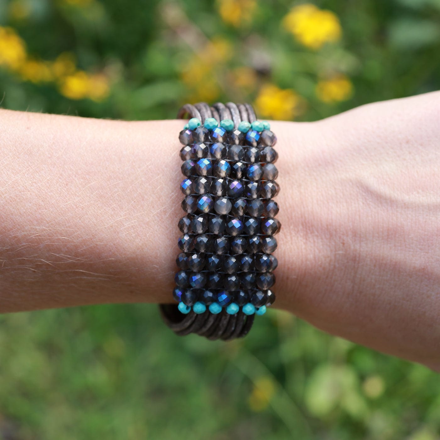 BRC-JM Hand Stitched Coated Labradorite with Turquoise Trim Bracelet