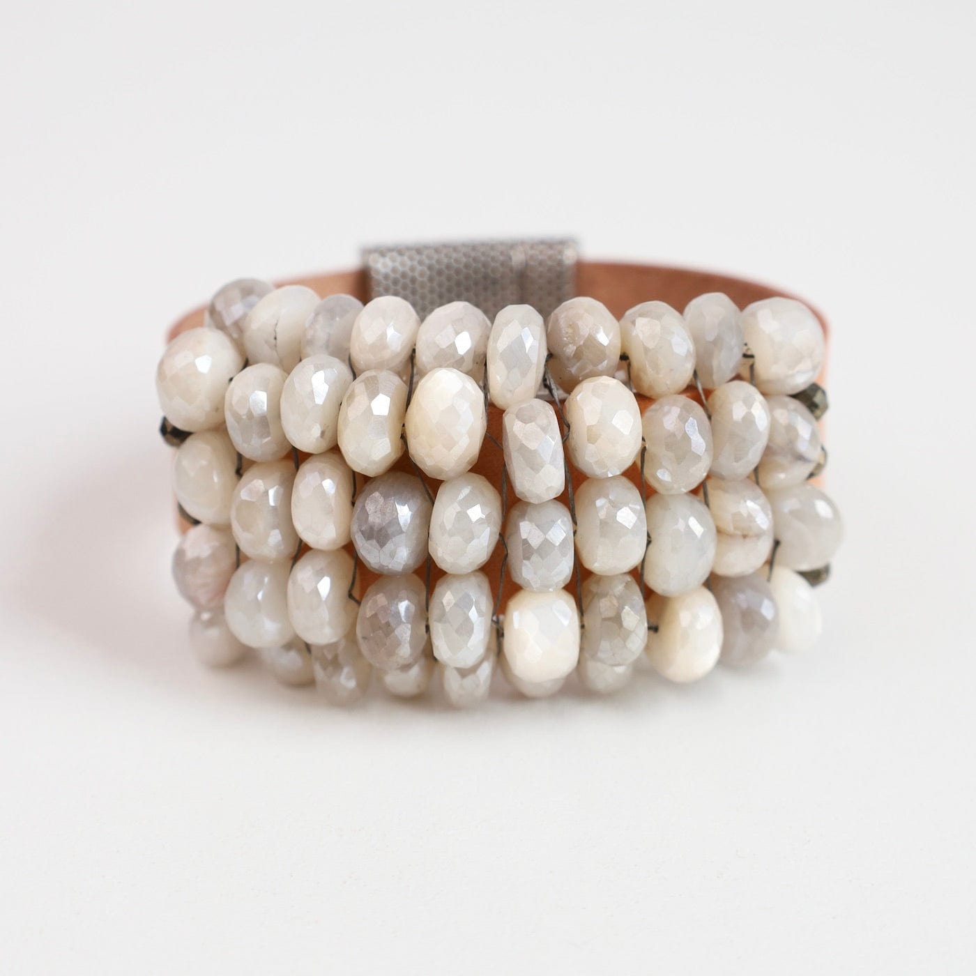 BRC-JM Hand Stitched Coated Moonstone Leather Bracelet