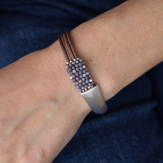 BRC-JM Hand Stitched Coated Moonstone & Silver Nugget 1/2 Cuff