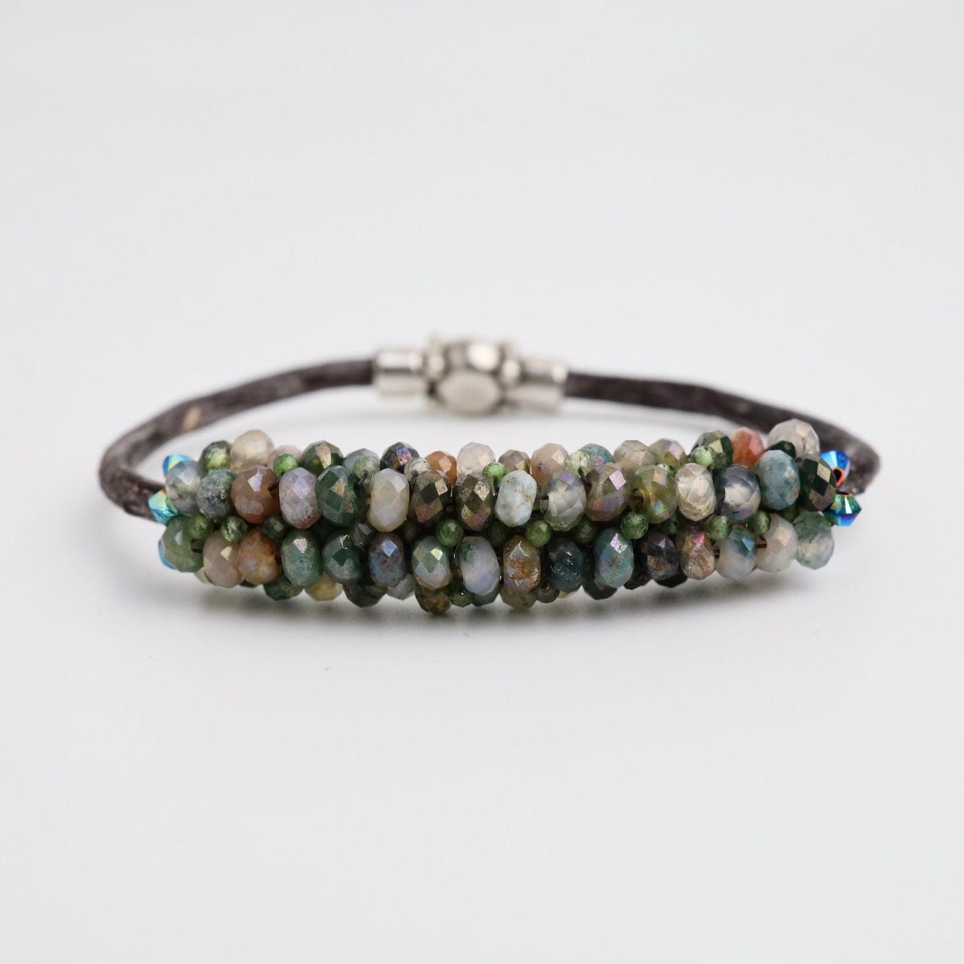 BRC-JM Hand Stitched Coated Quartz & Green Topaz Leather Bracelet