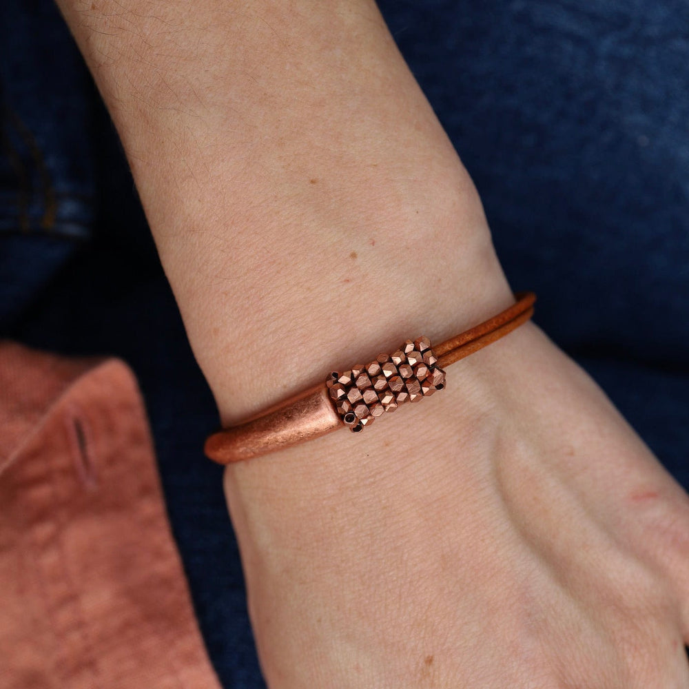 BRC-JM Hand Stitched Copper Cubes on Multi Strands Tan Leather 1/2 Cuff