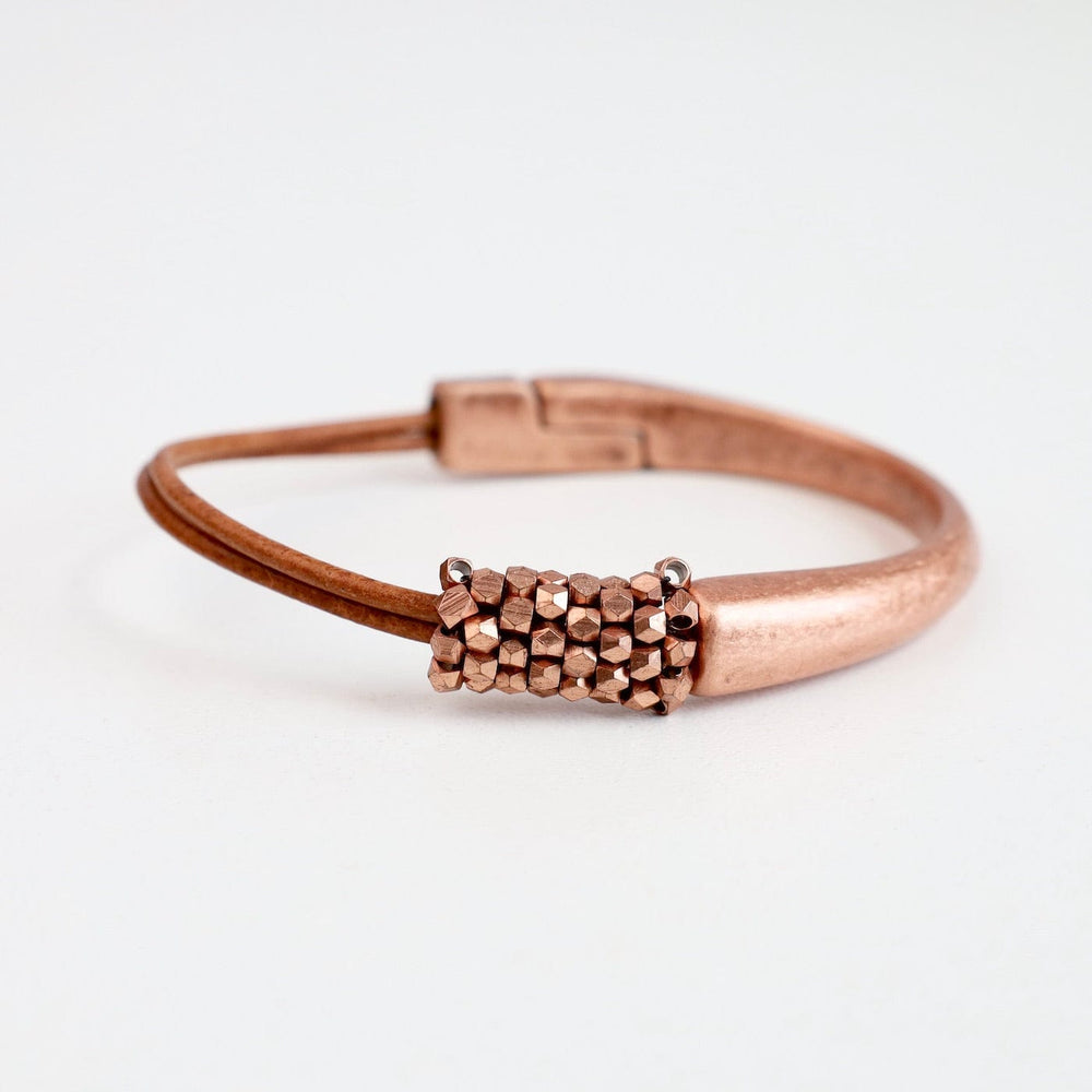 BRC-JM Hand Stitched Copper Cubes on Multi Strands Tan Leather 1/2 Cuff