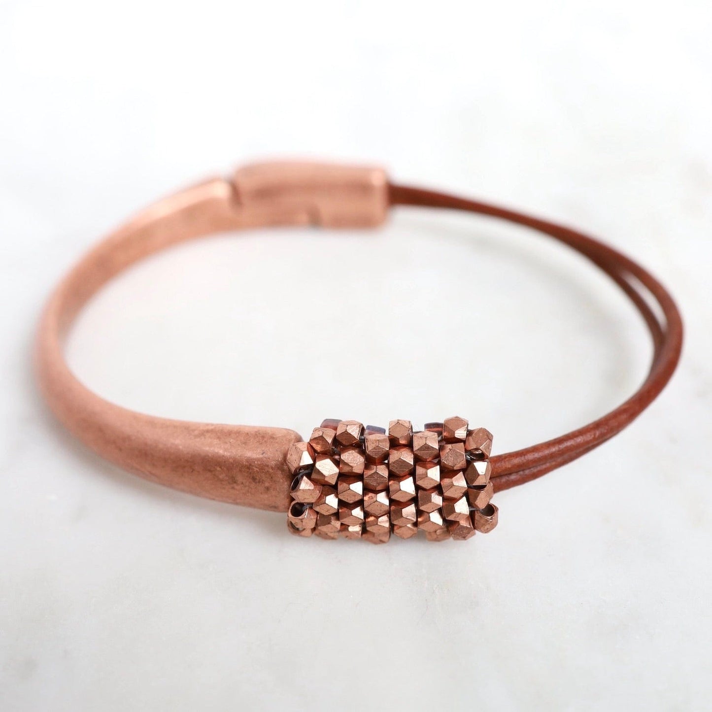 BRC-JM Hand Stitched Copper Cubes on Tan Leather & Copper 1/2 Cuff