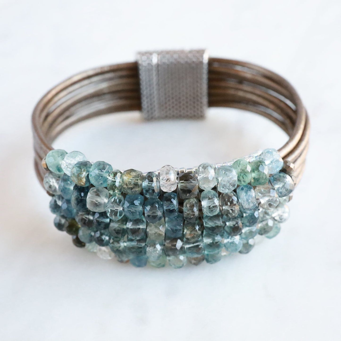 Load image into Gallery viewer, BRC-JM Hand Stitched Copper Infused Aquamarine Bracelet
