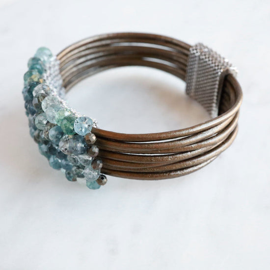 Load image into Gallery viewer, BRC-JM Hand Stitched Copper Infused Aquamarine Bracelet
