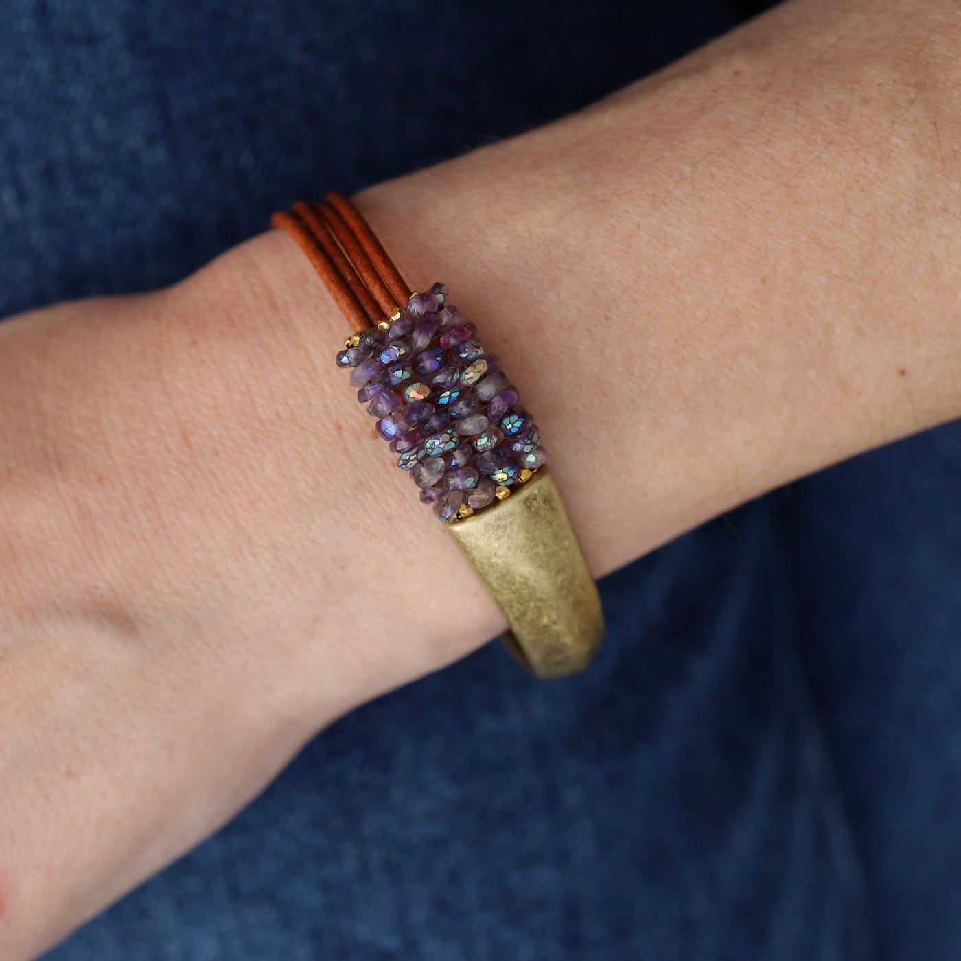 BRC-JM Hand Stitched Faceted Coated Amethyst 1/2 Cuff