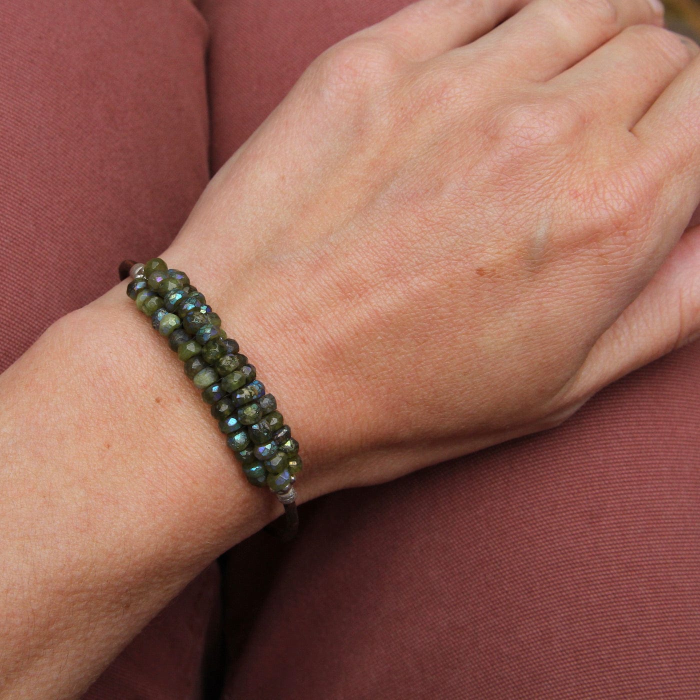 BRC-JM Hand Stitched Faceted Coated Green Garnet Bracelet