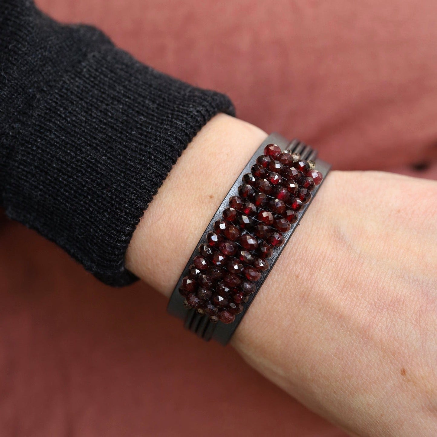 BRC-JM Hand Stitched Faceted Garnet with Spinel Trim on Multi Graphite Leather Bracelet