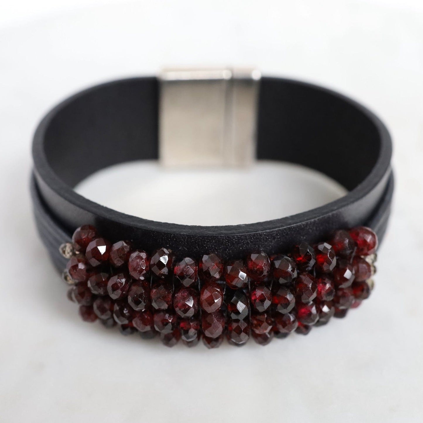 BRC-JM Hand Stitched Faceted Garnet with Spinel Trim on Multi Graphite Leather Bracelet