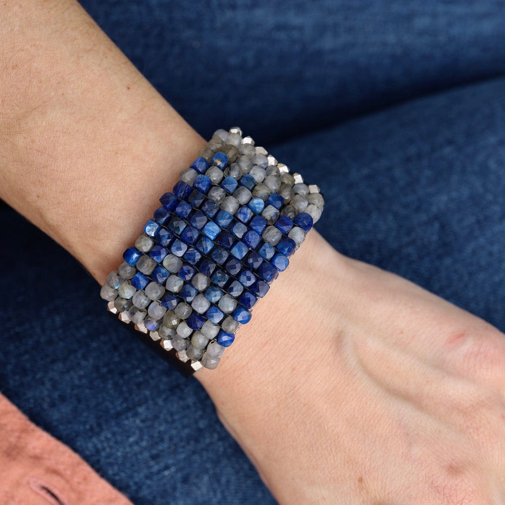 BRC-JM Hand Stitched Faceted Kyanite & Labadorite Cubes Leather Bracelet