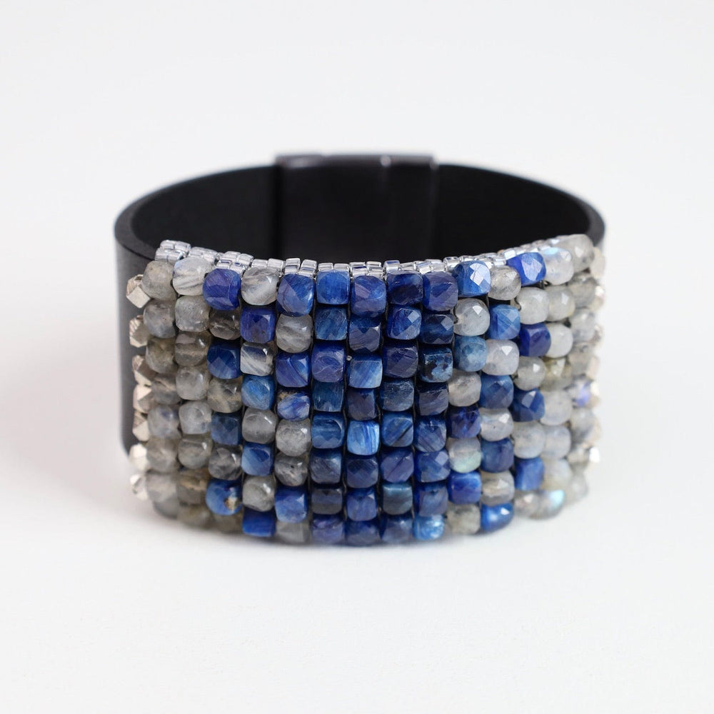 BRC-JM Hand Stitched Faceted Kyanite & Labadorite Cubes Leather Bracelet