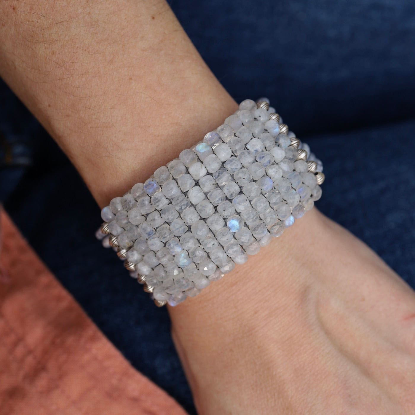 BRC-JM Hand Stitched Faceted Moonstone Cubes Leather Bracelet