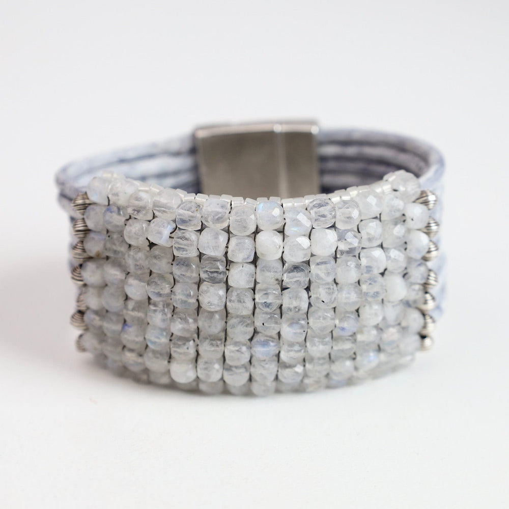 BRC-JM Hand Stitched Faceted Moonstone Cubes Leather Bracelet