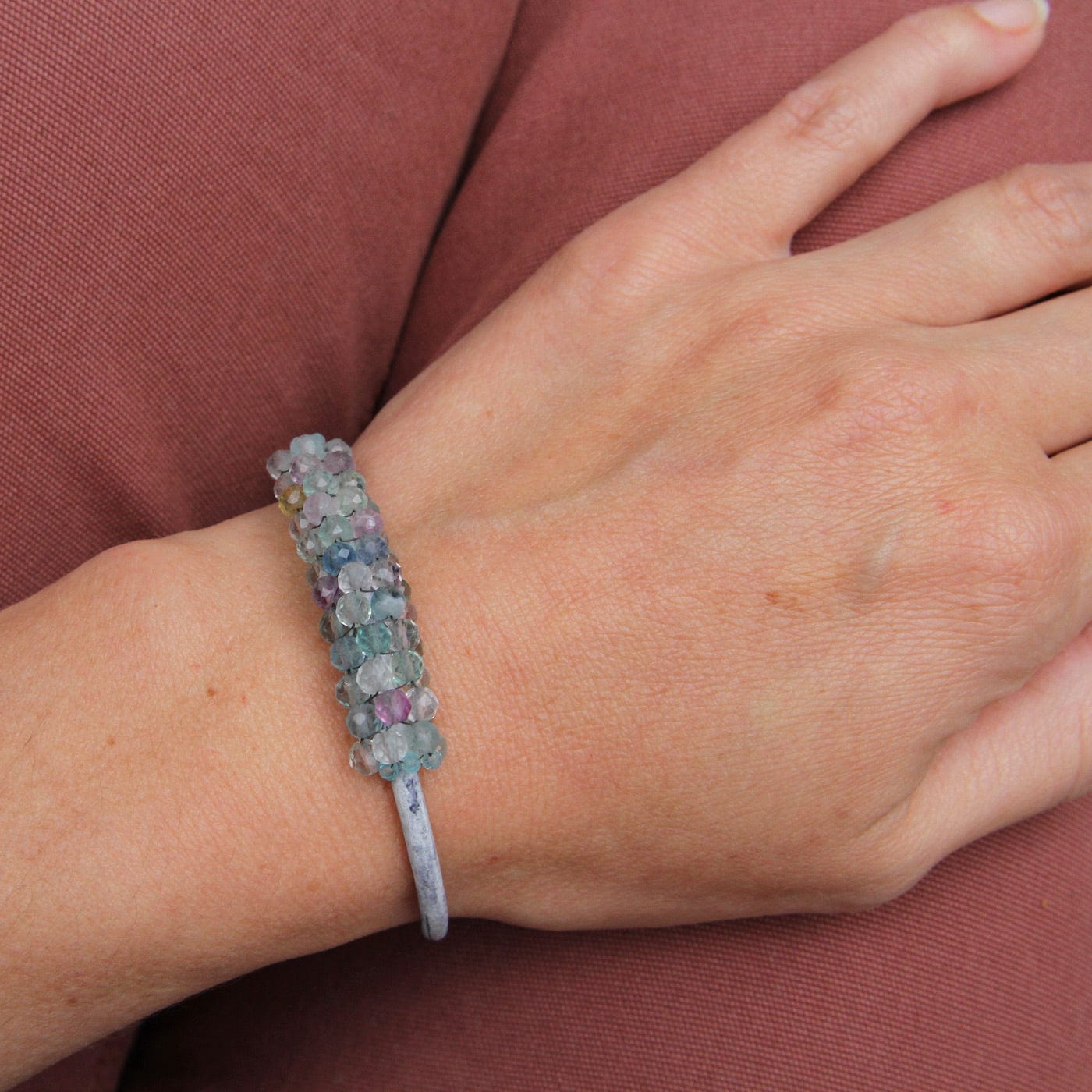 BRC-JM Hand Stitched Faceted Round Fluorite & Aquamarine Bracelet
