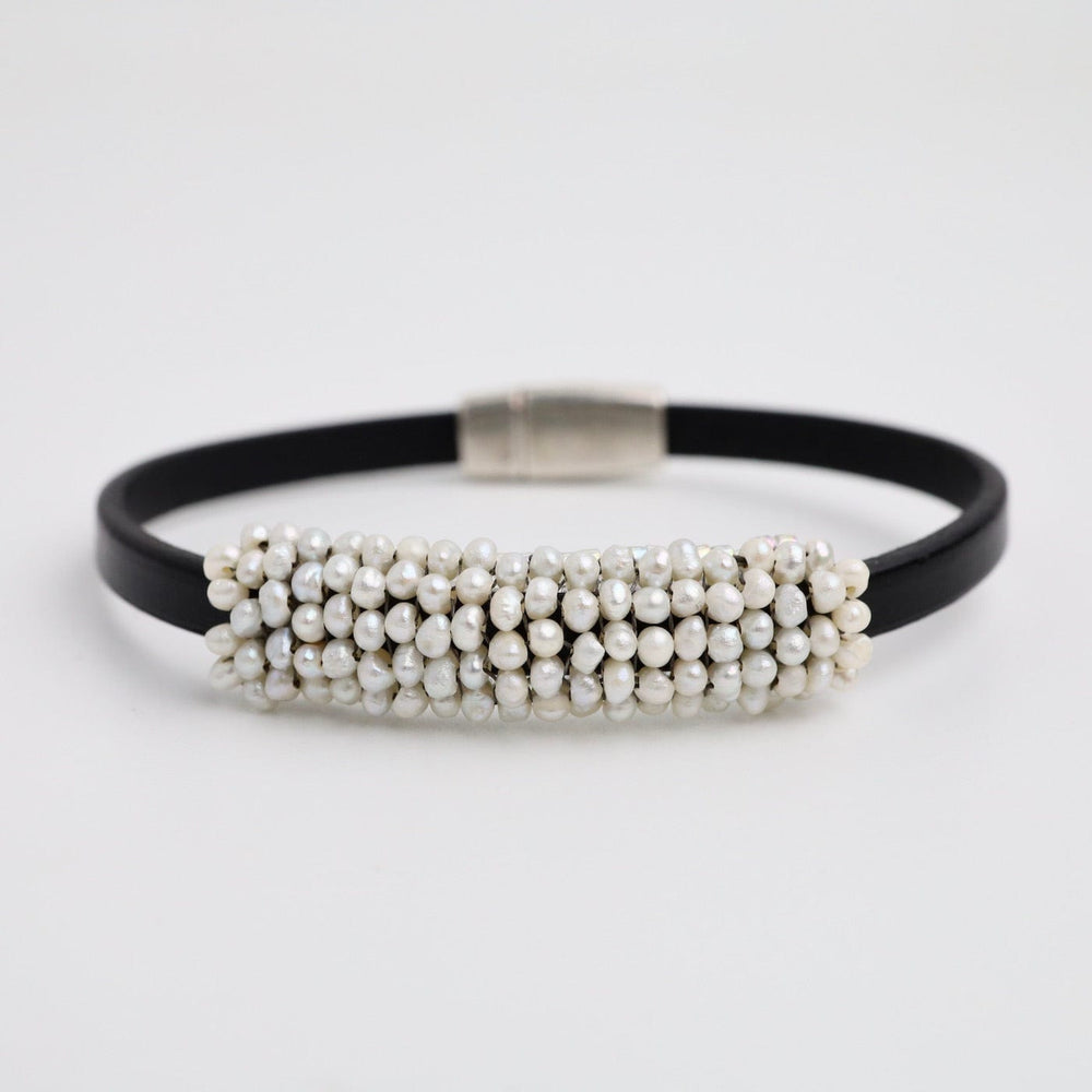 BRC-JM Hand Stitched Fresh Water Pearls On Black Flat Leather Bracelet