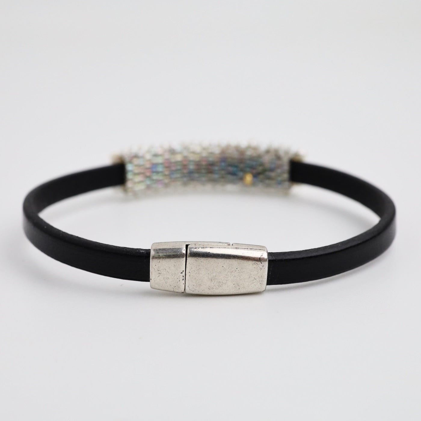 BRC-JM Hand Stitched Fresh Water Pearls On Black Flat Leather Bracelet