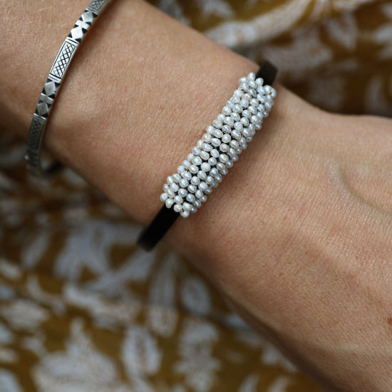 BRC-JM Hand Stitched Fresh Water Pearls On Black Flat Leather Bracelet