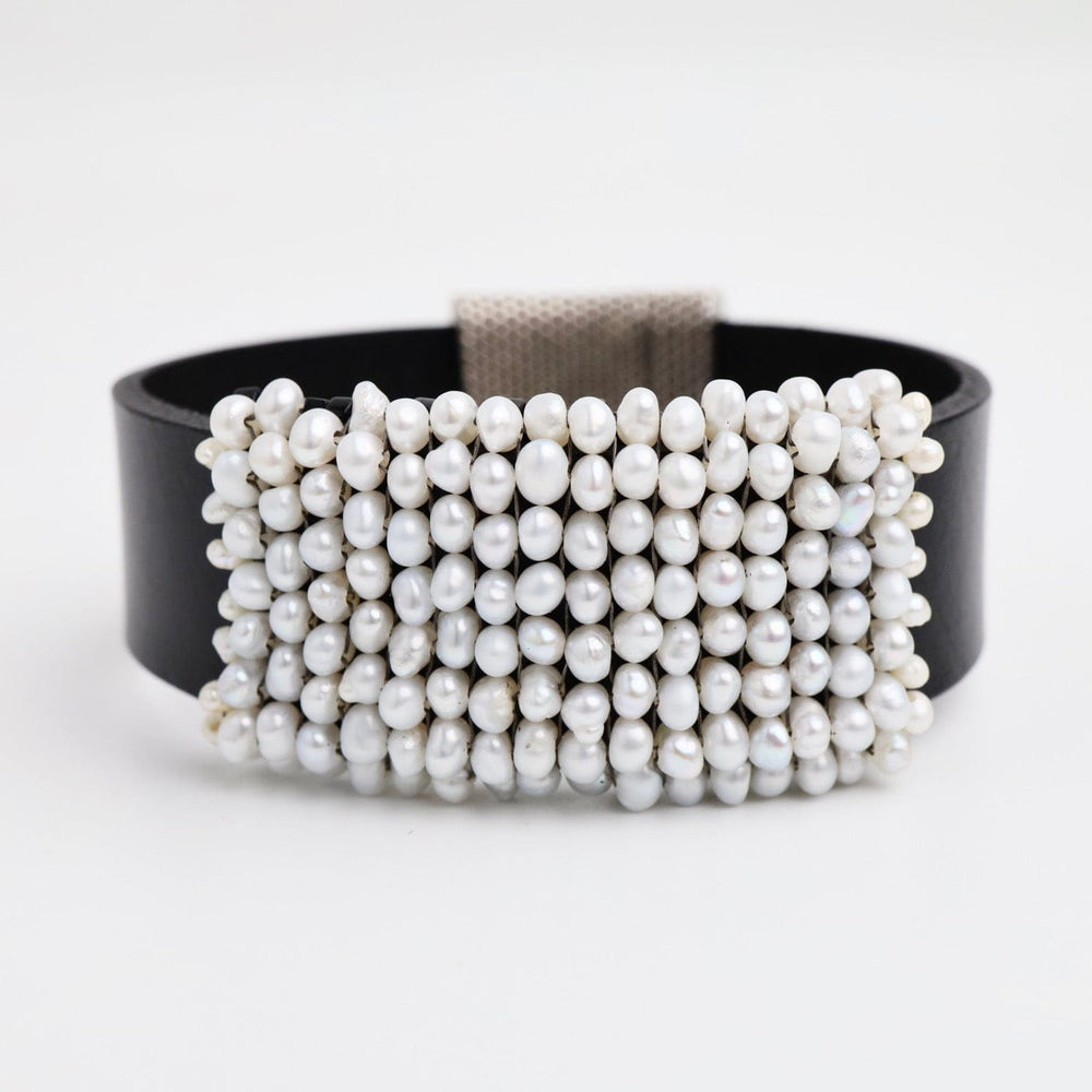 BRC-JM Hand Stitched Fresh Water Pearls On Black Leather Bracelet