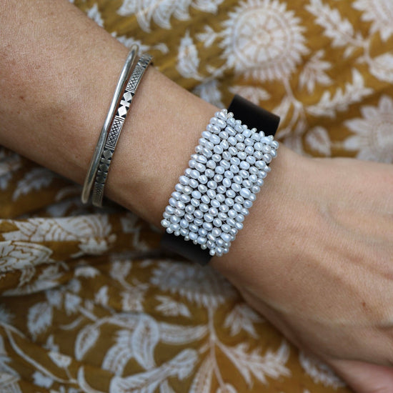 BRC-JM Hand Stitched Fresh Water Pearls On Black Leather Bracelet