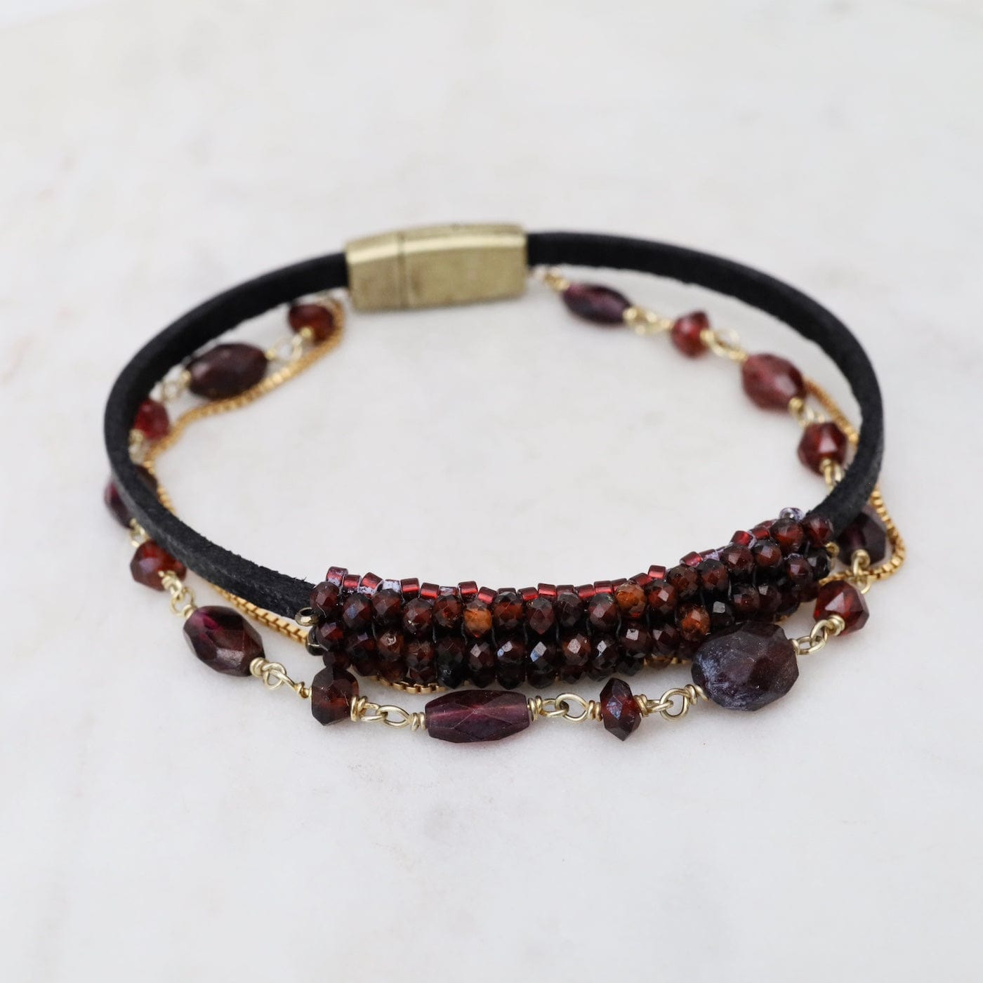 BRC-JM Hand Stitched Garnet & Garnet Bead Chain, Gold Fil