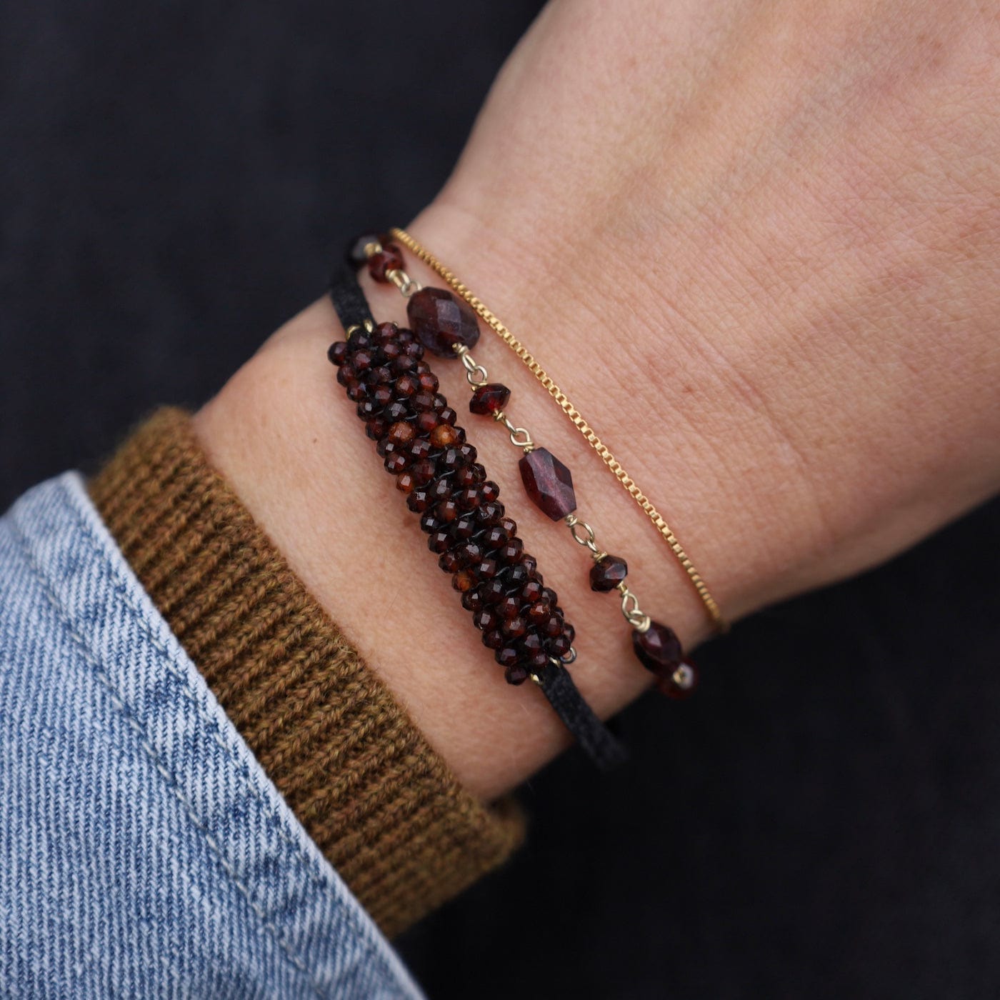 BRC-JM Hand Stitched Garnet & Garnet Bead Chain, Gold Fil