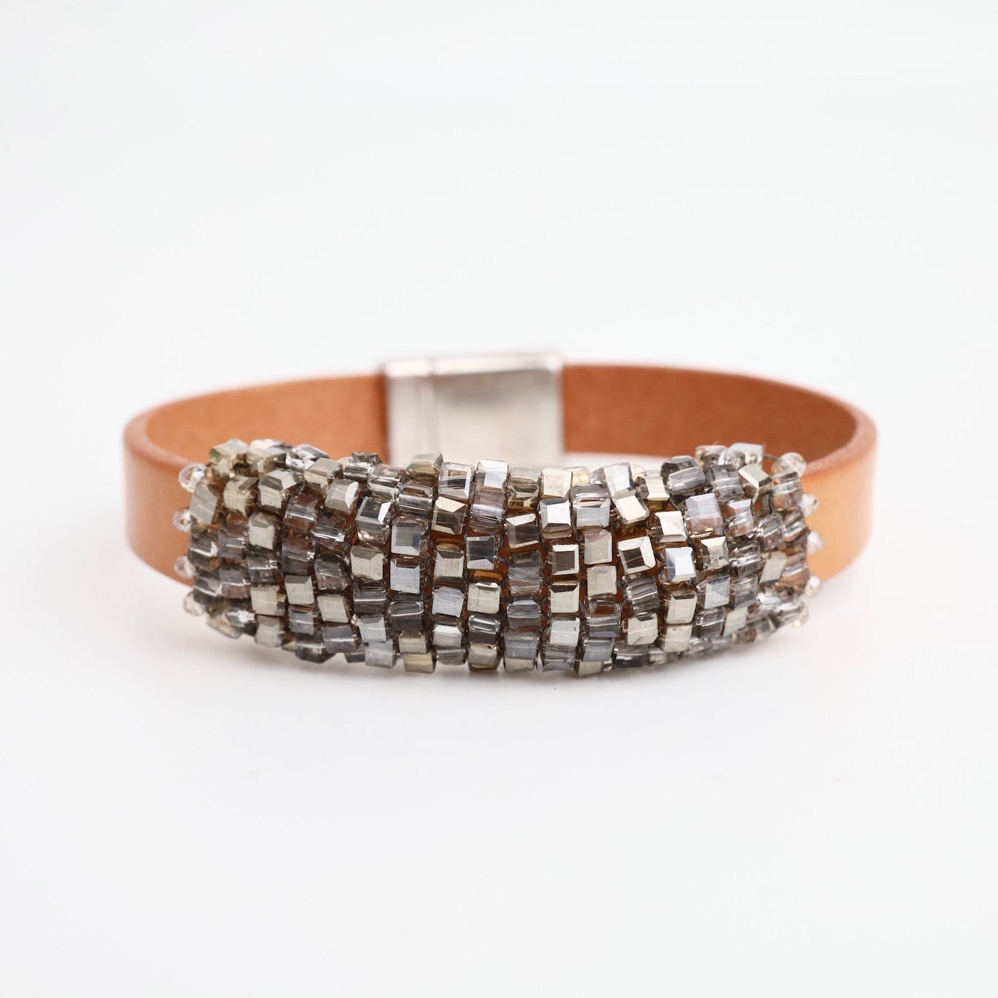BRC-JM Hand Stitched Gold Mix Crystal Cubes on Flat Natural Leather Bracelet