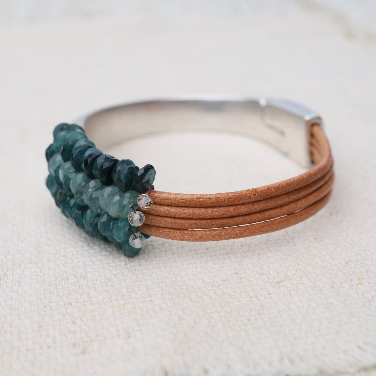 BRC-JM Hand Stitched Grandidierite Heishi with Topaz Trim Leather Bracelet