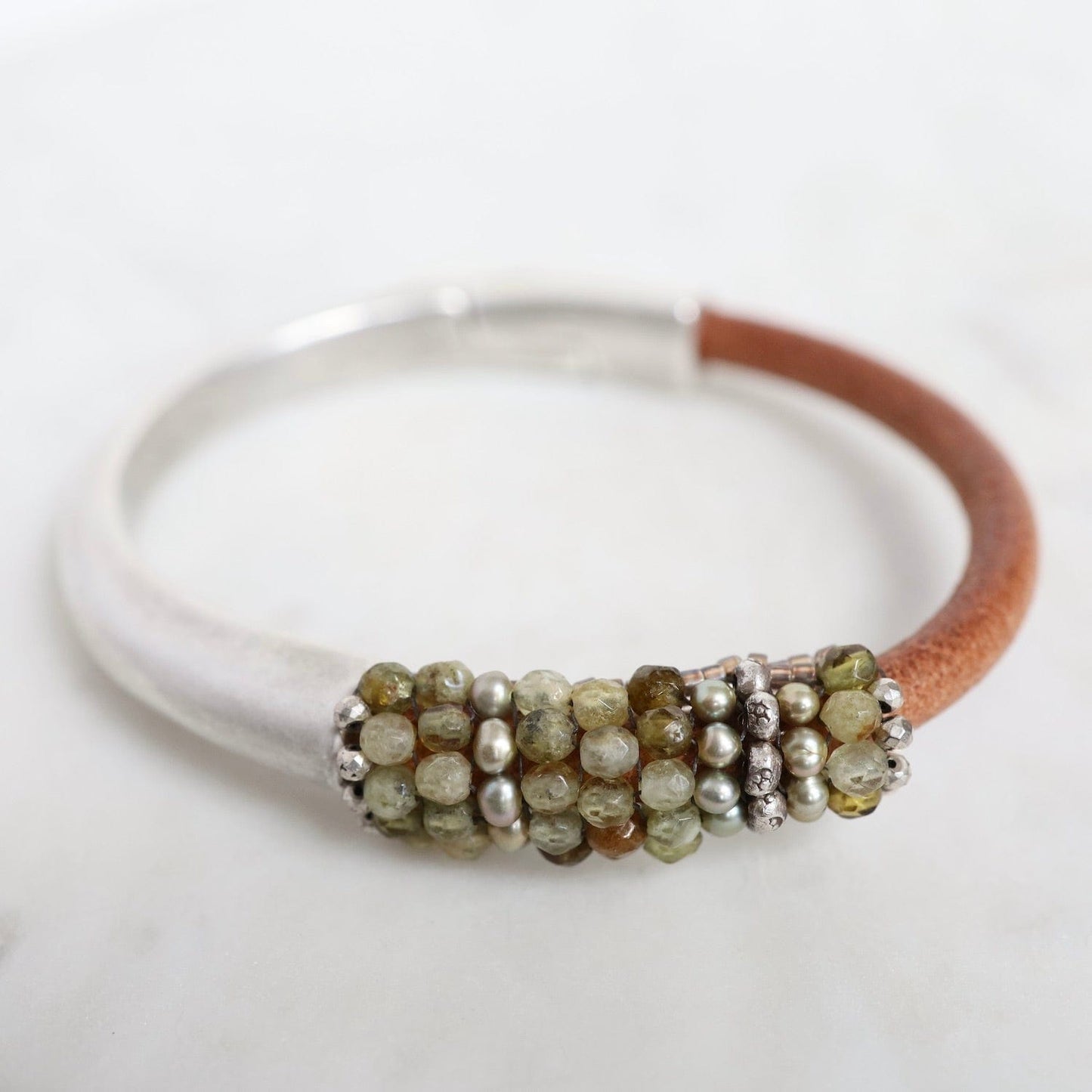 BRC-JM Hand Stitched Green Garnet & Green Pearls on Natural Leather & Silver 1/2 Cuff