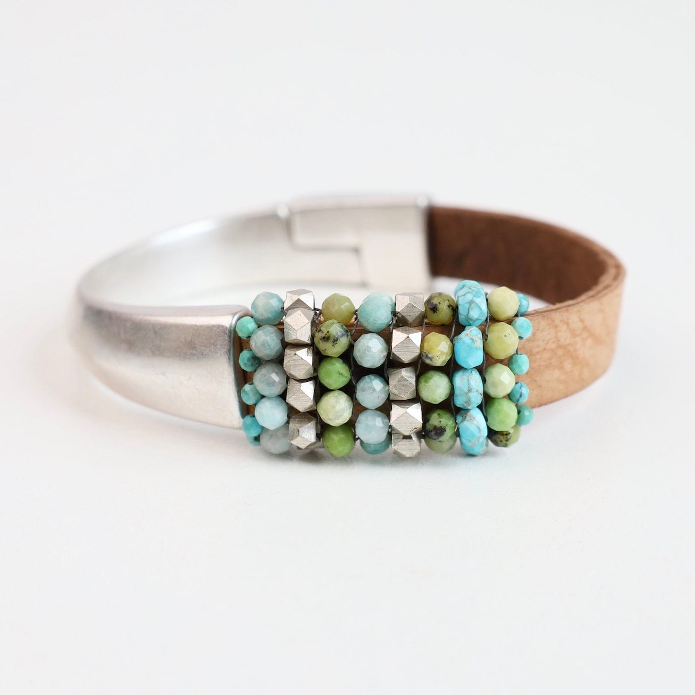 BRC-JM Hand Stitched Green Opal, Amazonite, & Silver Cube 1/2 Cuff