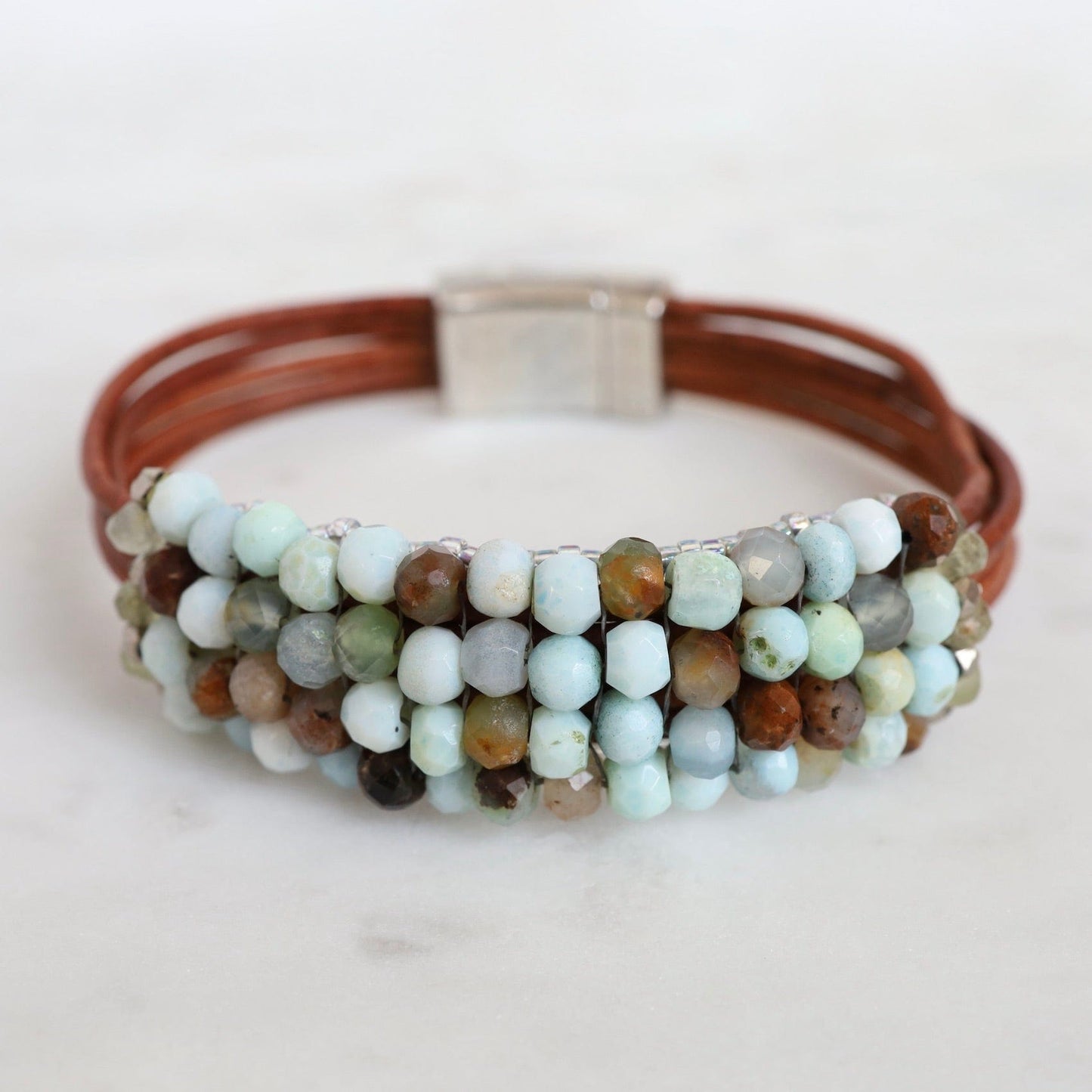 BRC-JM Hand Stitched Green Opal Leather Cuff Bracelet