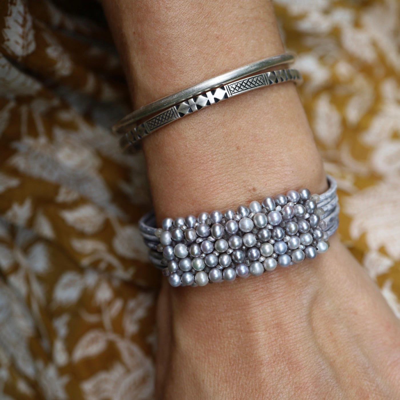 BRC-JM Hand Stitched Grey Pearls Infused with Smokey Quartz Leather Bracelet