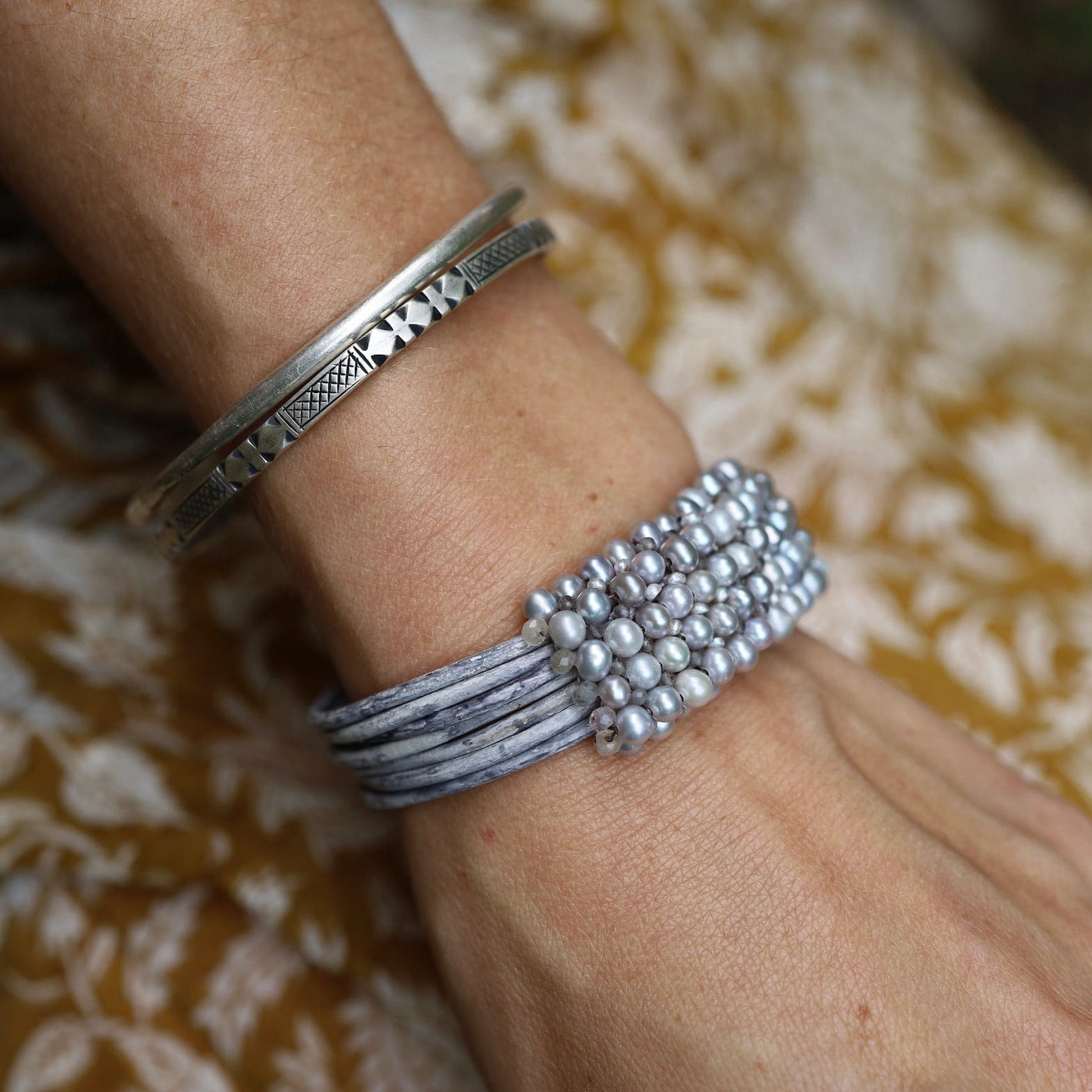 BRC-JM Hand Stitched Grey Pearls Infused with Smokey Quartz Leather Bracelet