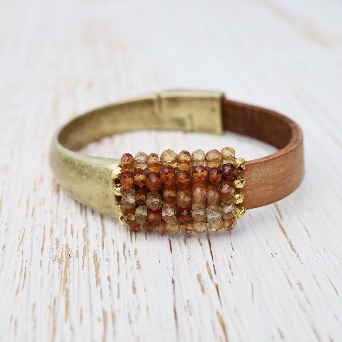 BRC-JM Hand Stitched Hessonite Garnet with Vermeil Trim & Leather Bracelet