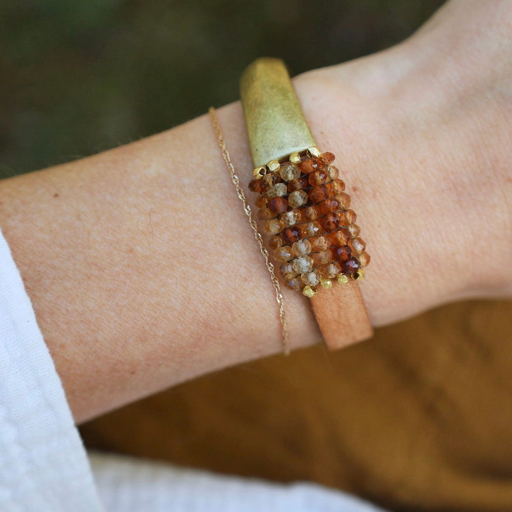 BRC-JM Hand Stitched Hessonite Garnet with Vermeil Trim & Leather Bracelet