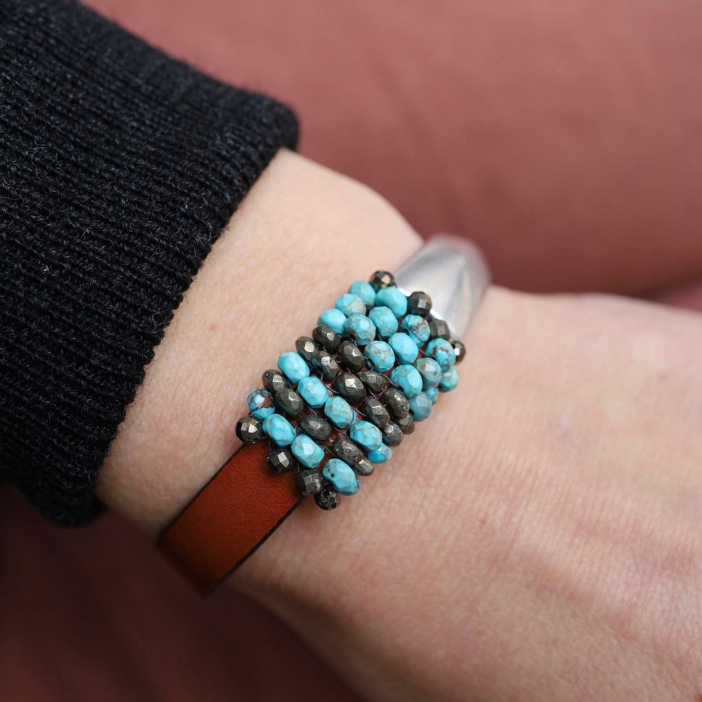 BRC-JM Hand Stitched Imperial Jasper & Pyrite on Tan Leather & Silver 1/2 Cuff