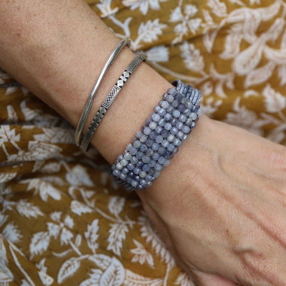 BRC-JM Hand Stitched Iolite Cubes Leather Bracelet