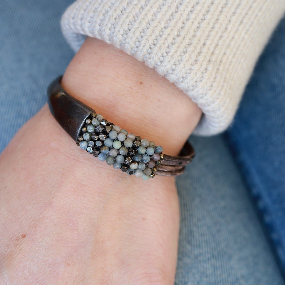 BRC-JM Hand Stitched Kyanite, Gunmetal Cubes & Pyrite Bracelet