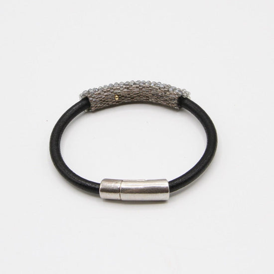 BRC-JM Hand Stitched Labradorite and Japanese Seed Bead Leather Cuff Bracelet