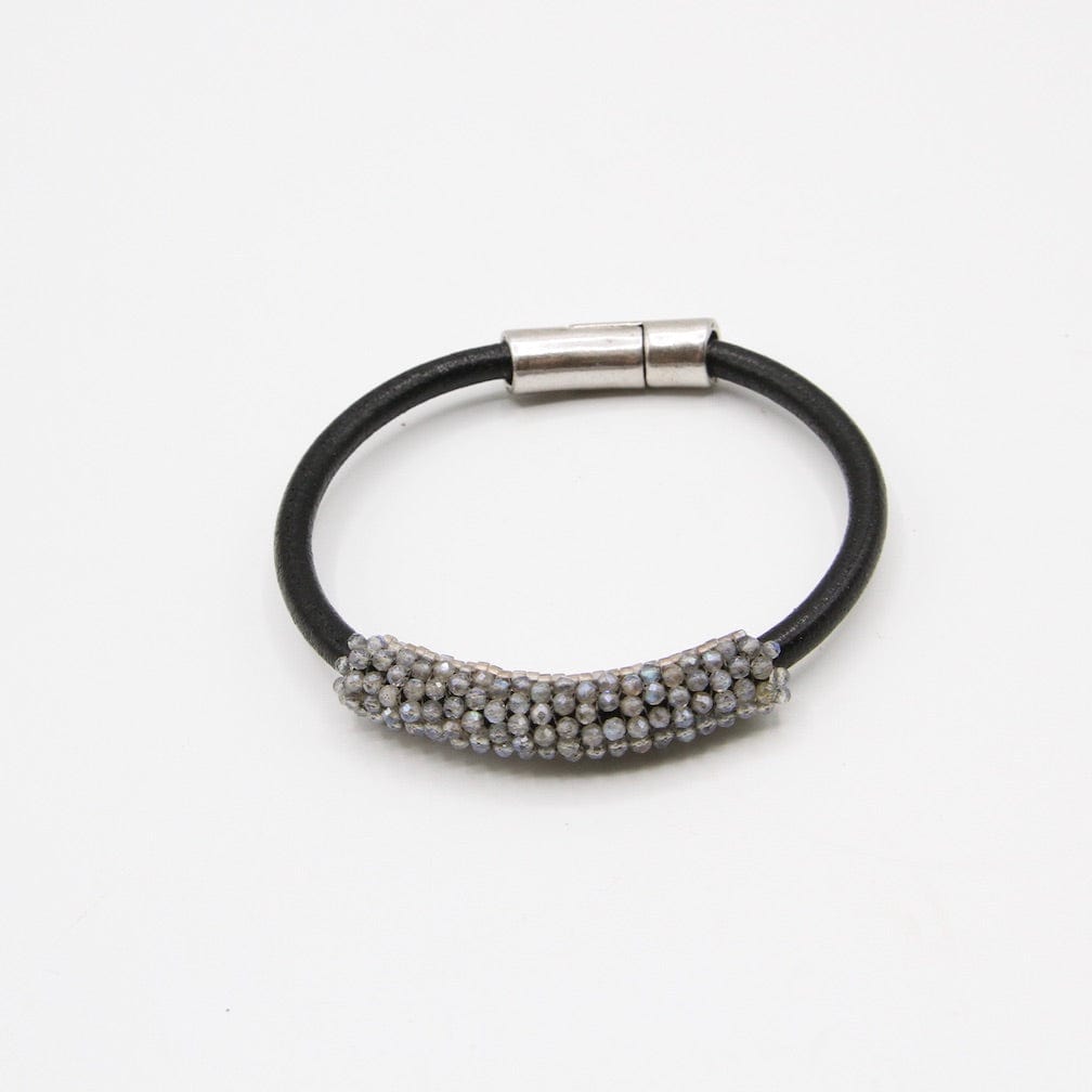 BRC-JM Hand Stitched Labradorite and Japanese Seed Bead Leather Cuff Bracelet