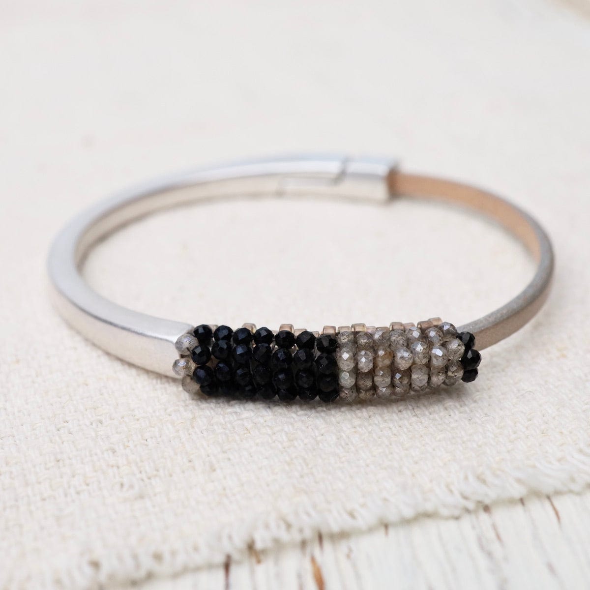 BRC-JM Hand Stitched Labradorite & Black Spinel Color Block Leather Bracelet