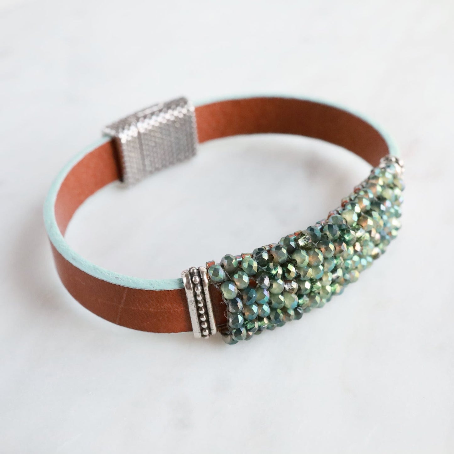 BRC-JM Hand Stitched Labradorite Inspired Green Crystal Bracelet