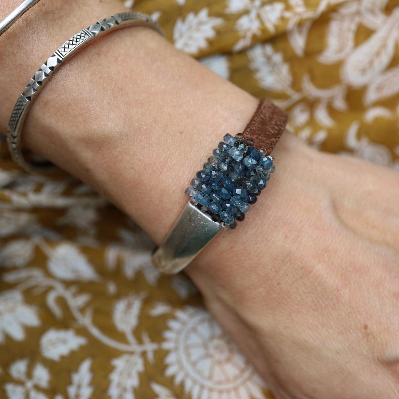 BRC-JM Hand Stitched Large Blue Moss Aquamarine Half Cuff Bracelet