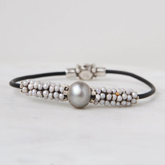 Load image into Gallery viewer, BRC-JM Hand Stitched Large Grey Pearl &amp;amp; Tiny Pearl Bracelet
