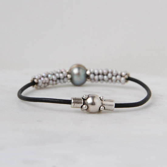 Load image into Gallery viewer, BRC-JM Hand Stitched Large Grey Pearl &amp;amp; Tiny Pearl Bracelet
