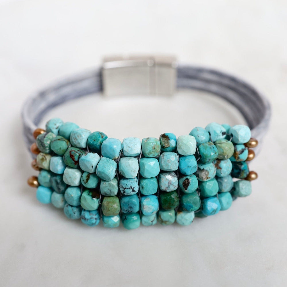 BRC-JM Hand Stitched Large Turquoise Cubes with Copper Pearl Trim on Multi Driftwood Leather Bracelet