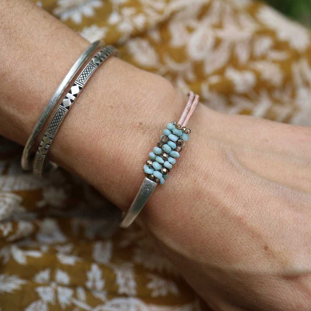 BRC-JM Hand Stitched Larimar & Crystal Mix Half Cuff Bracelet