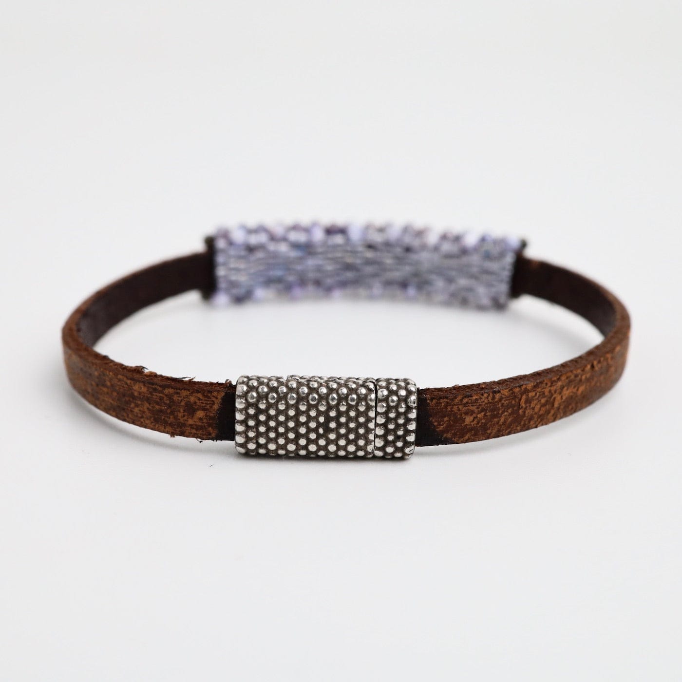 BRC-JM Hand Stitched Lavender Coated Moonstones Leather Bracelet