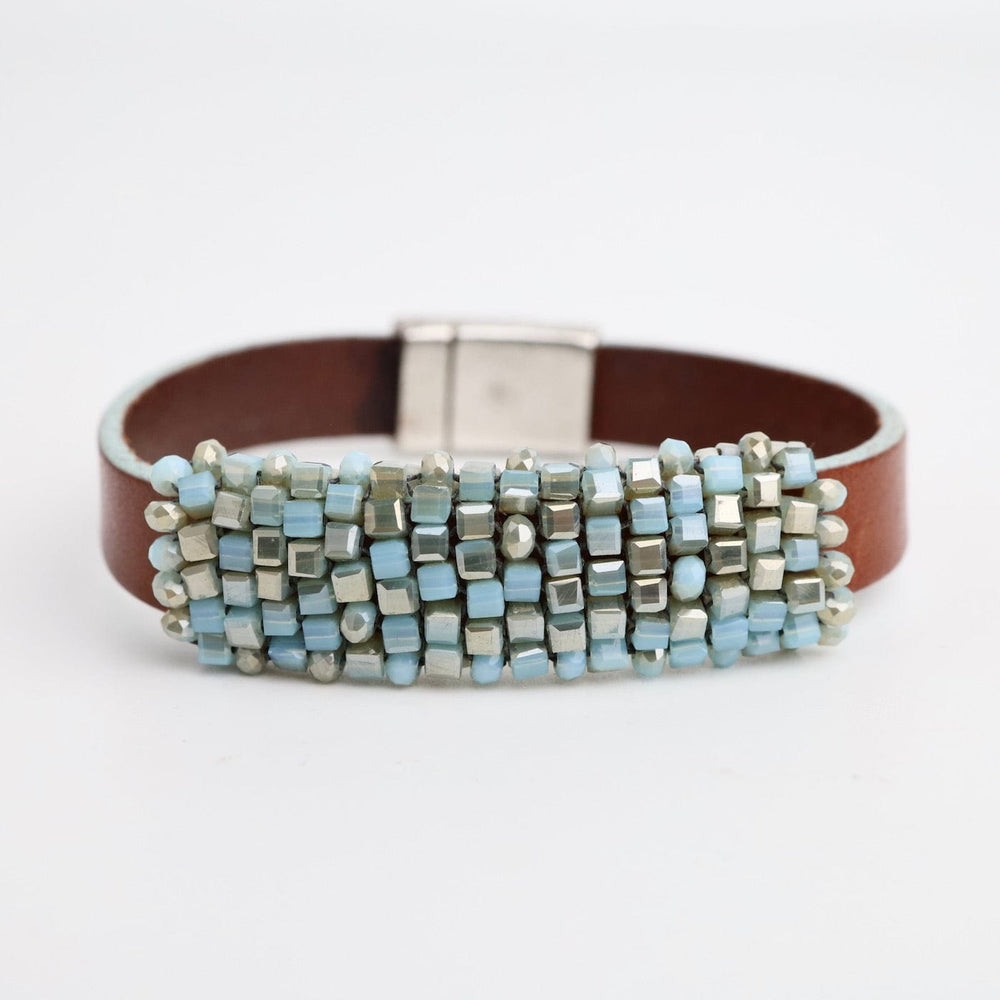 BRC-JM Hand Stitched Light Turquoise Cube Crystals on Leather Bracelet