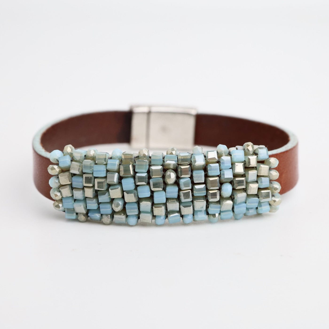 BRC-JM Hand Stitched Light Turquoise Cube Crystals on Leather Bracelet